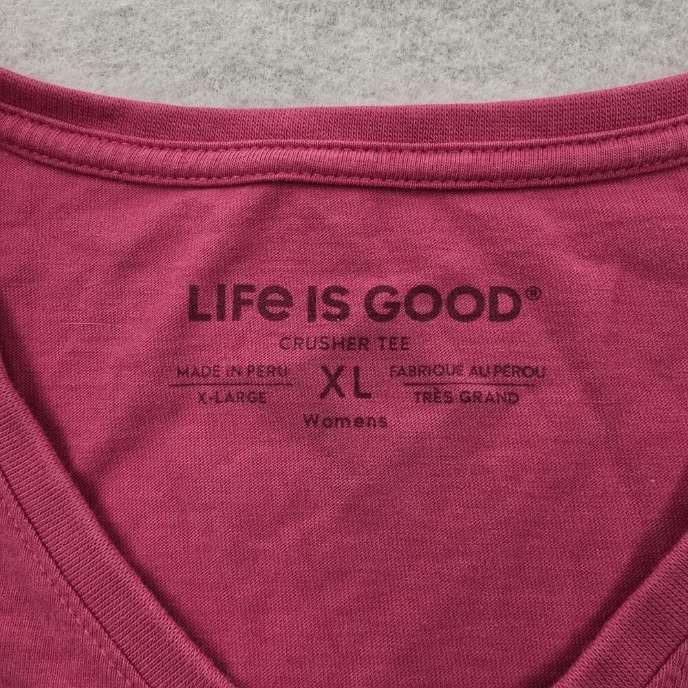 Life Is Good Crusher V-Neck T-Shirt XL Half Full Daisy Flowers Mason Jar Pink - Picture 3 of 8